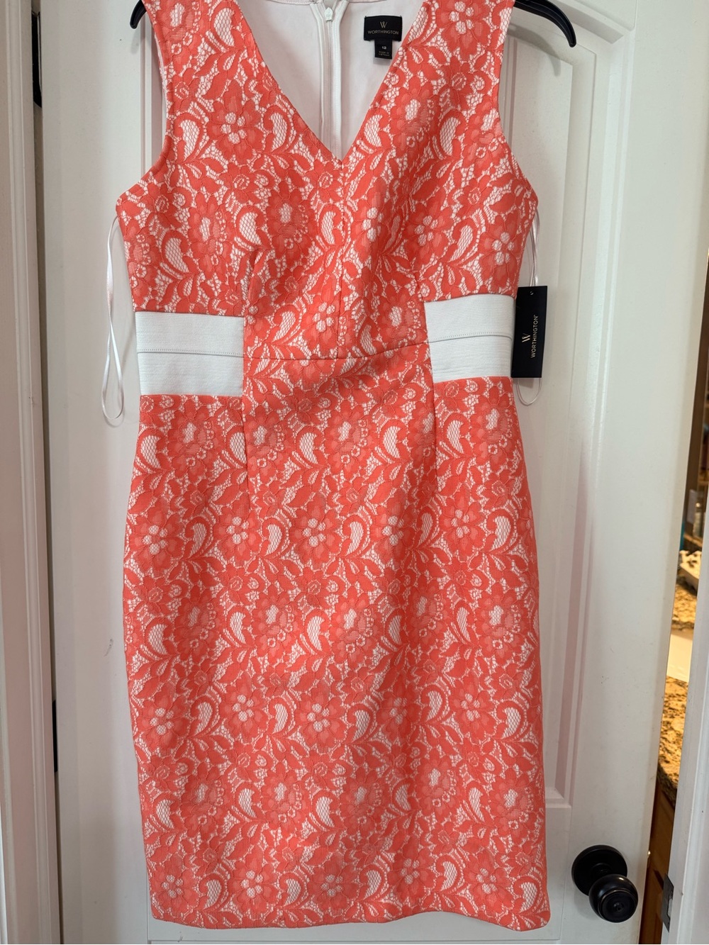 Worthington Coral Lace Midi Dress with White Waistband